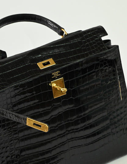 Kelly Sellier 35 Shiny Black Porosus Crocodile